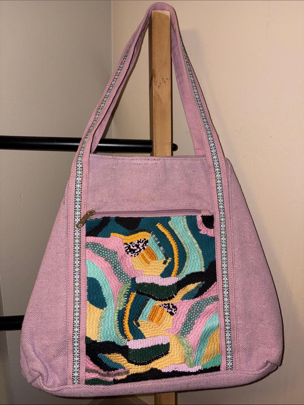 America & Beyond Pink Embroidered Beaded Tote Bag - Boho Pattern